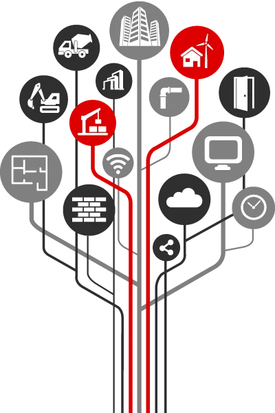 Diagrama en forma de árbol que conecta iconos de la construcción e iconos de nuevas tecnologías