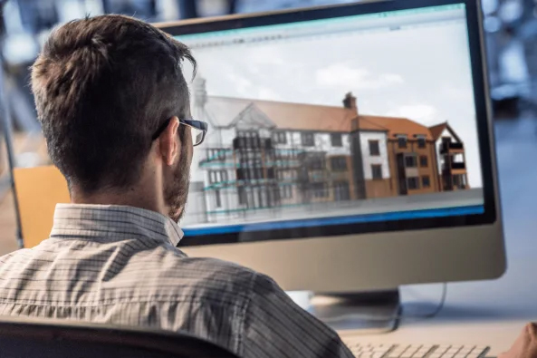 Persona con ordenador modelando el edificio de un proyecto BIM